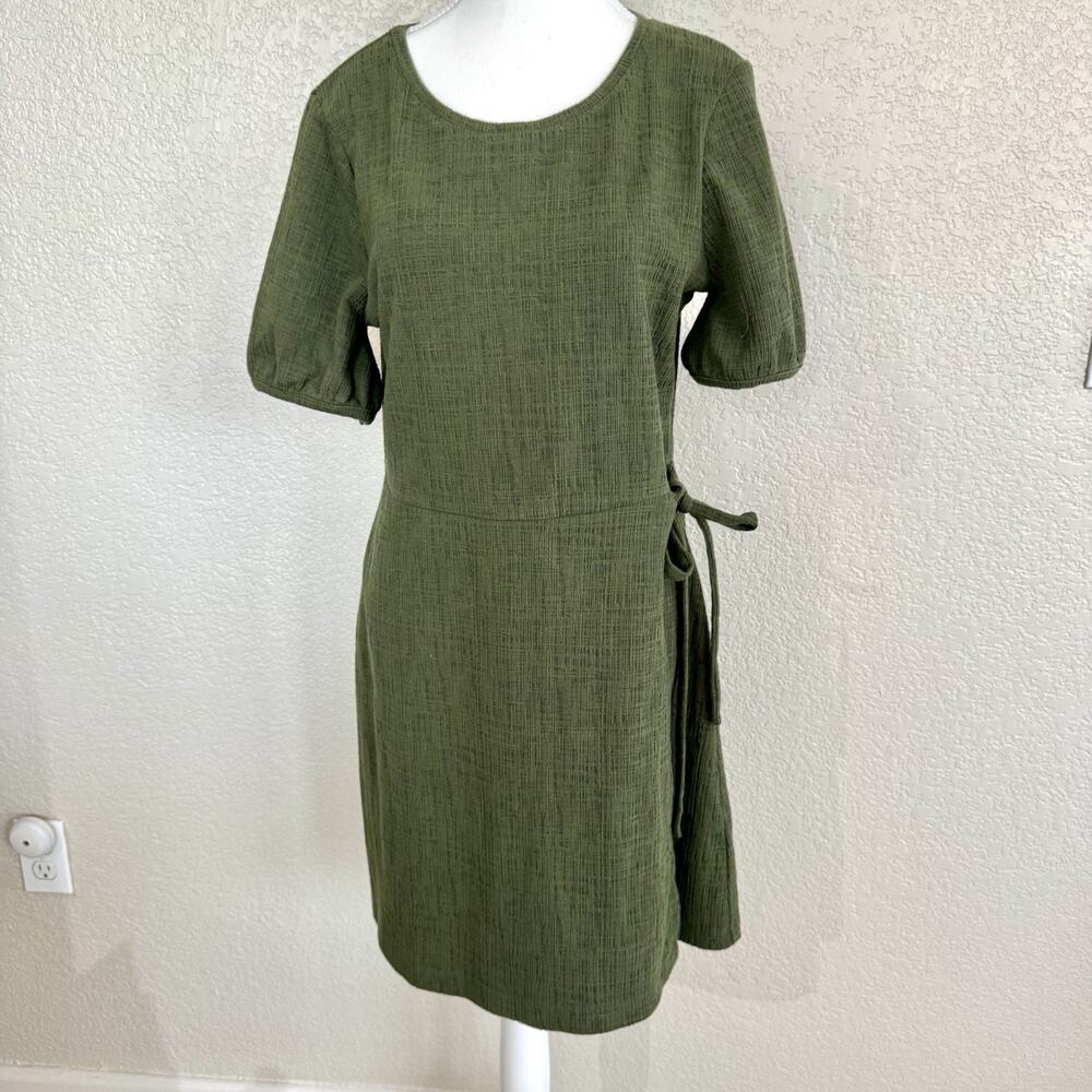Madewell Sz Medium Olive Green Boho Tie Waist Wrap Crosshatch Mini Farm Dress